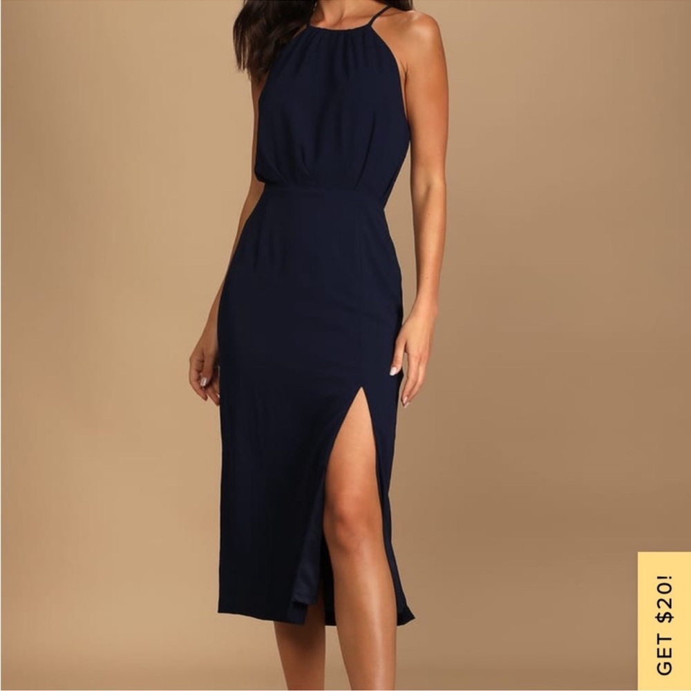 Lulus Dreamy Date Night Navy Blue Sleeveless Midi Dress Medium